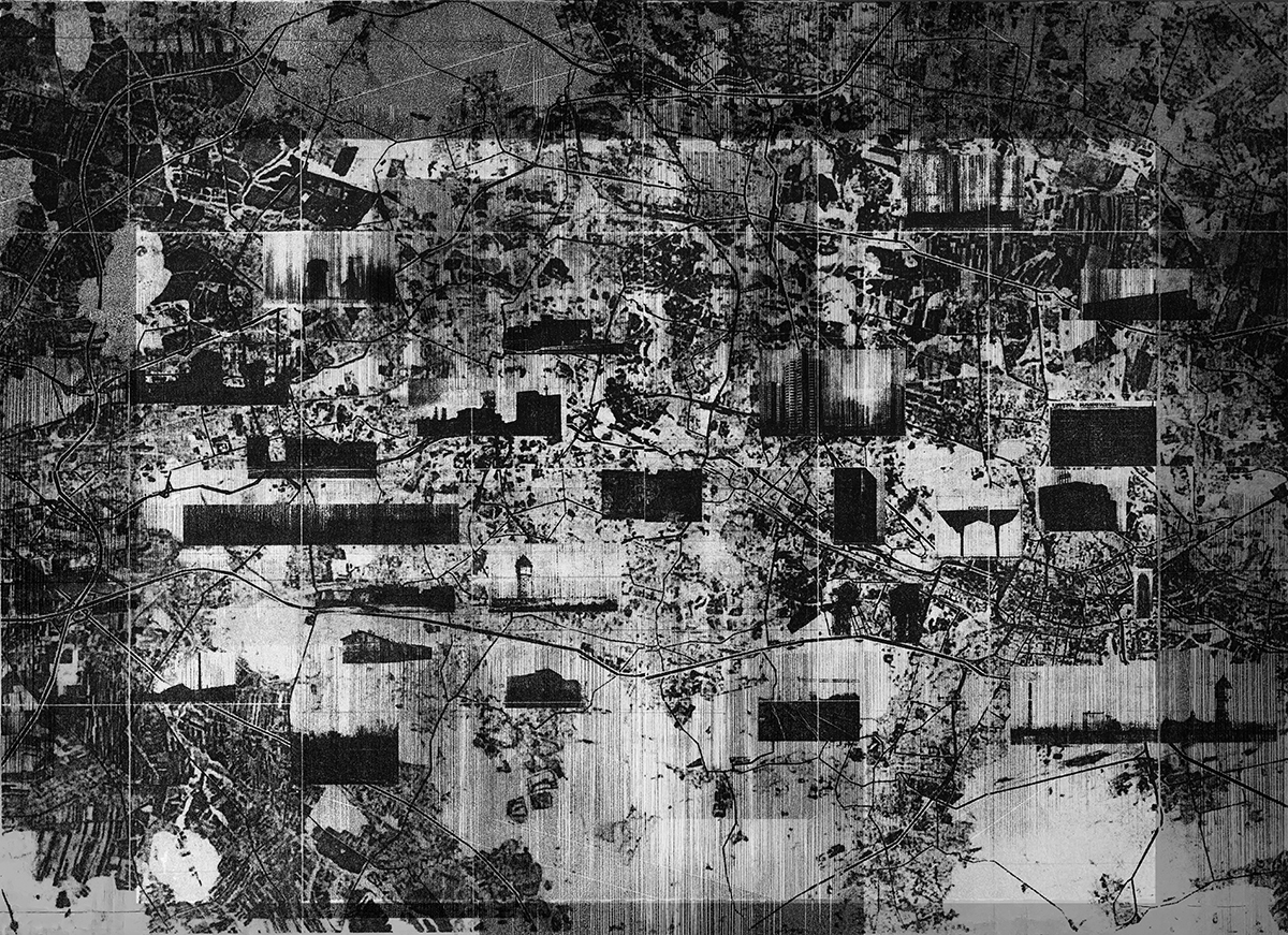 black and white lithography present map with small architectures