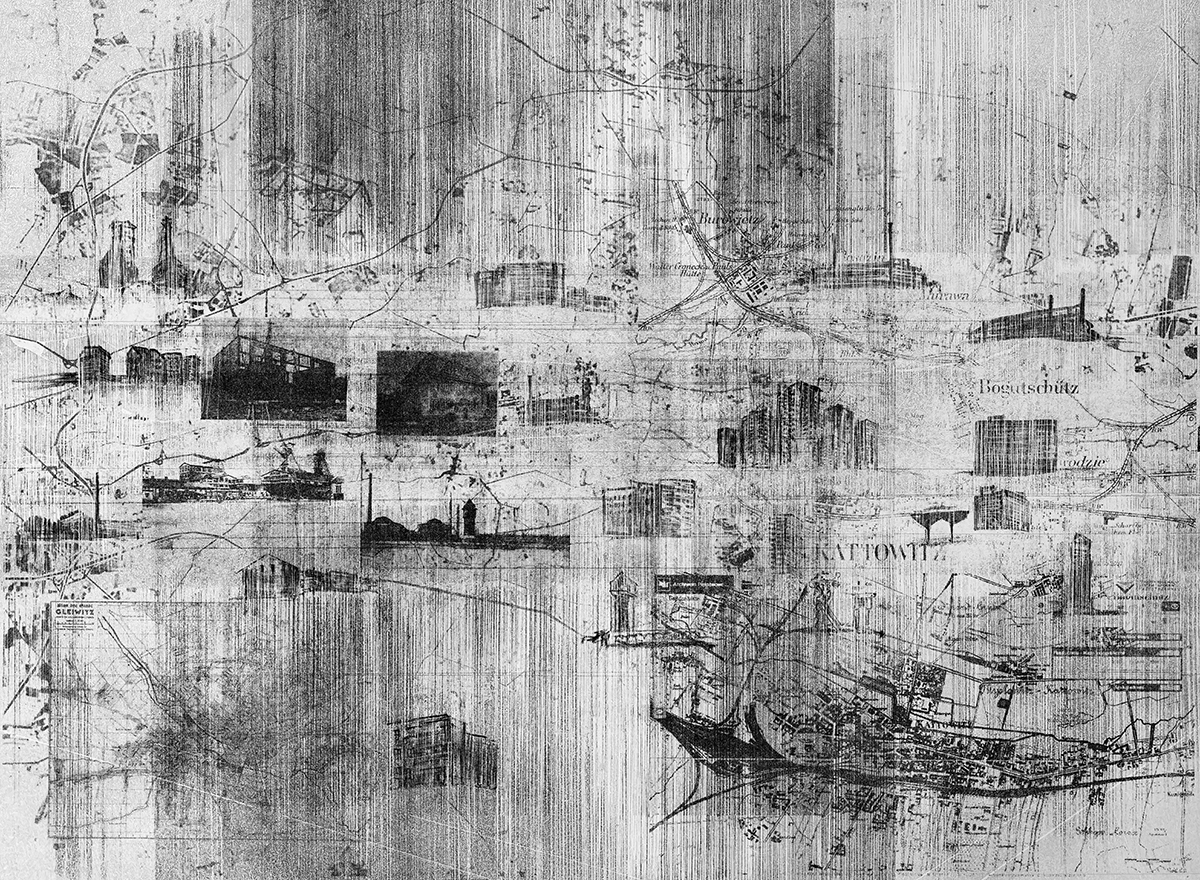 black and white lithography with delicate grey map with architectural drawings