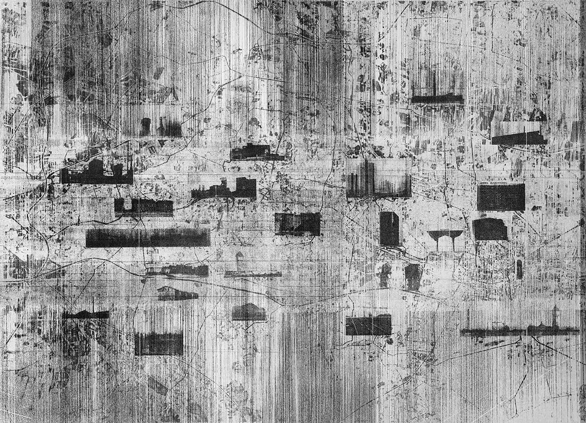 black and white lithography present grey map with little architectures