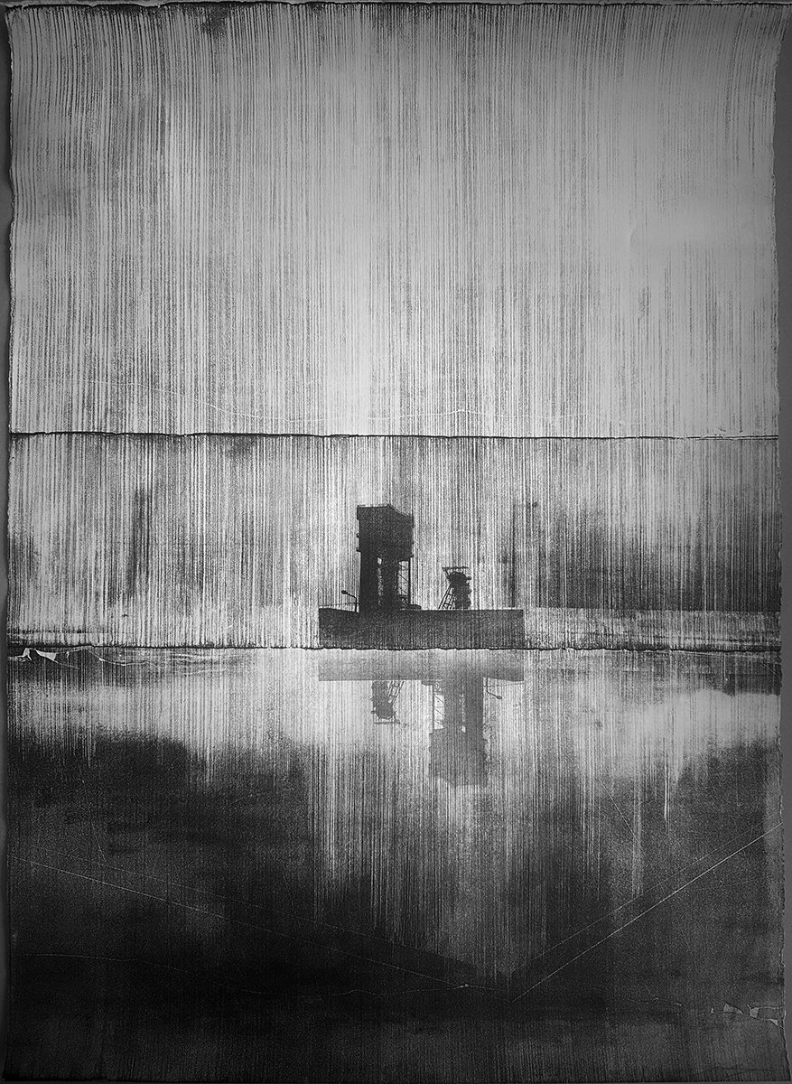 black and white lithography with mine in the center of nowhere