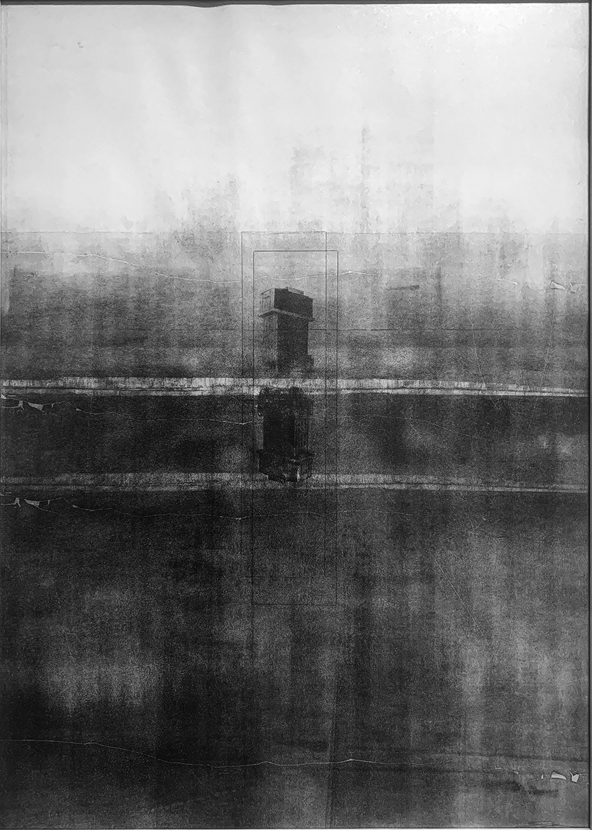Black-and-white lithograph with strong horizon and watertower